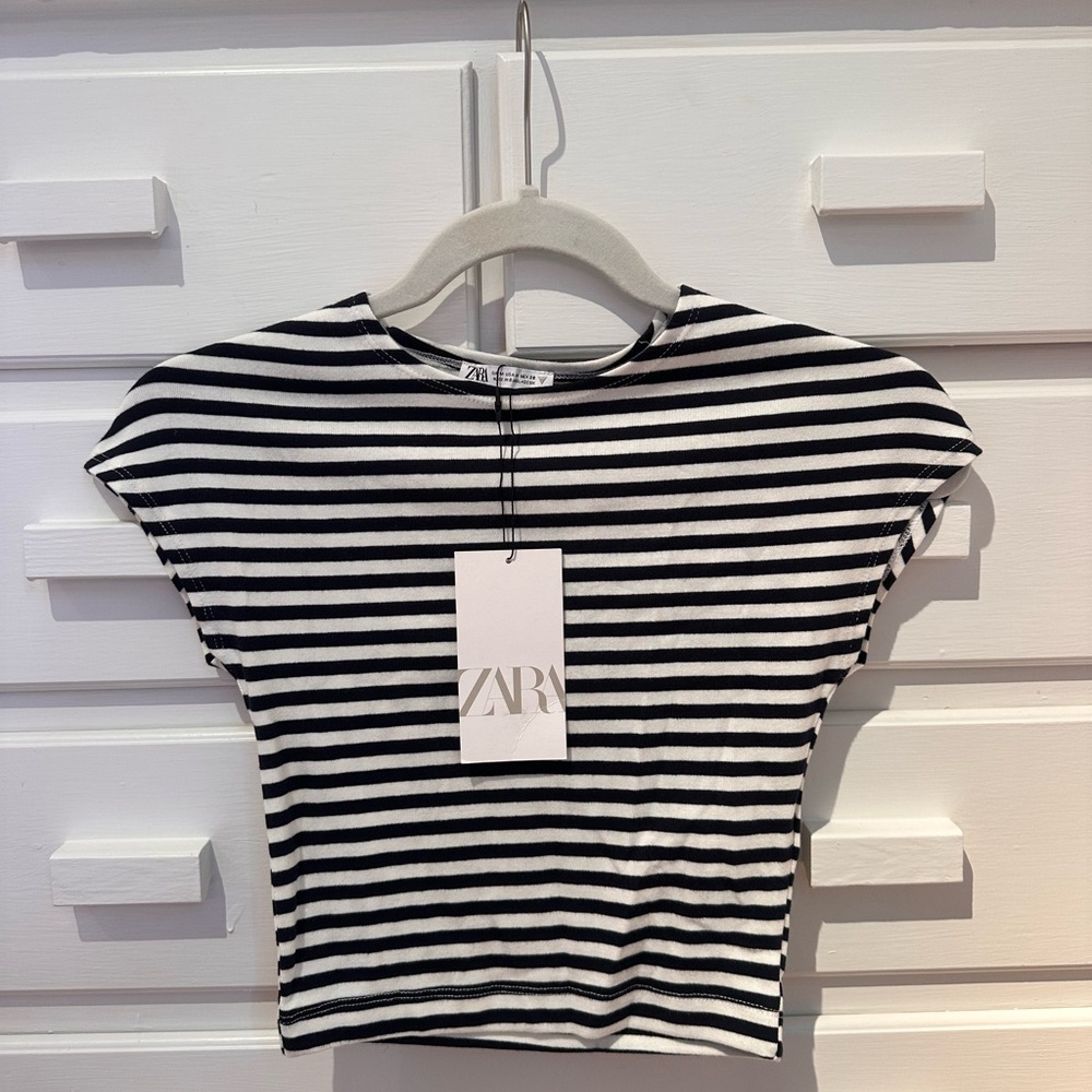 Zara Black and White Striped Short Sleeve Tee